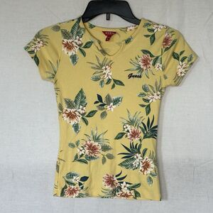 Guess Shirt Womens Yellow XS Hawaiian Flowers Short Sleeve V Neck Tee